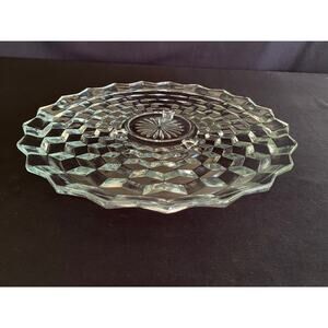 Fostoria American Clear Footed Cake Plate | MCM Stacked Cube Design | 12 3/8"